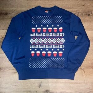 Ugly Christmas Crewneck Sweater Pullover Beer-Pong Cups Blue Snowflake Size S-M